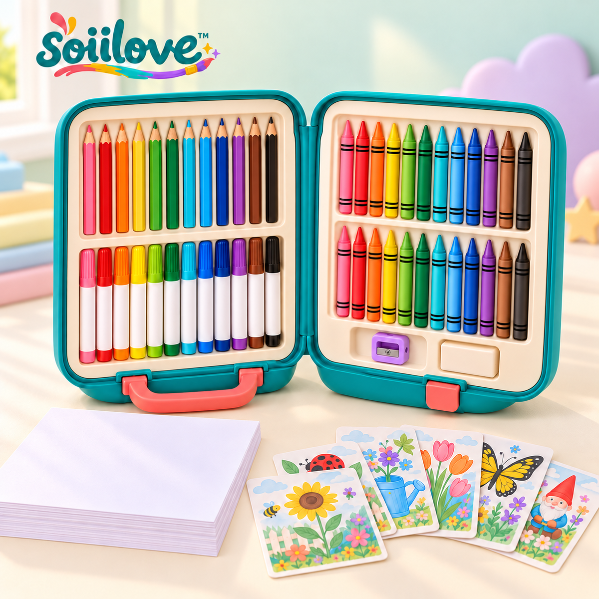 soiilove™ ColorNest Kids Art Set with Carrying Case | Crayons, Colored Pencils, Markers & Drawing Paper, Ages 5–10