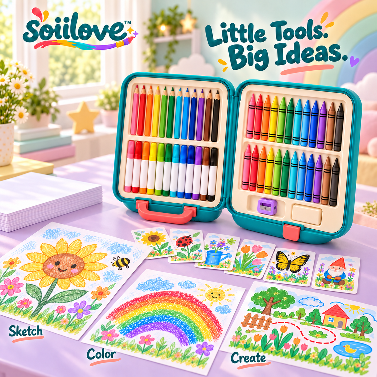 soiilove™ ColorNest Kids Art Set with Carrying Case | Crayons, Colored Pencils, Markers & Drawing Paper, Ages 5–10