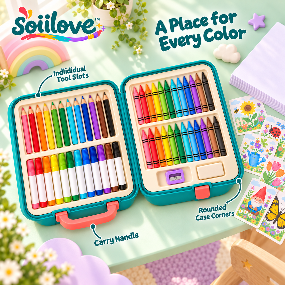 soiilove™ ColorNest Kids Art Set with Carrying Case | Crayons, Colored Pencils, Markers & Drawing Paper, Ages 5–10