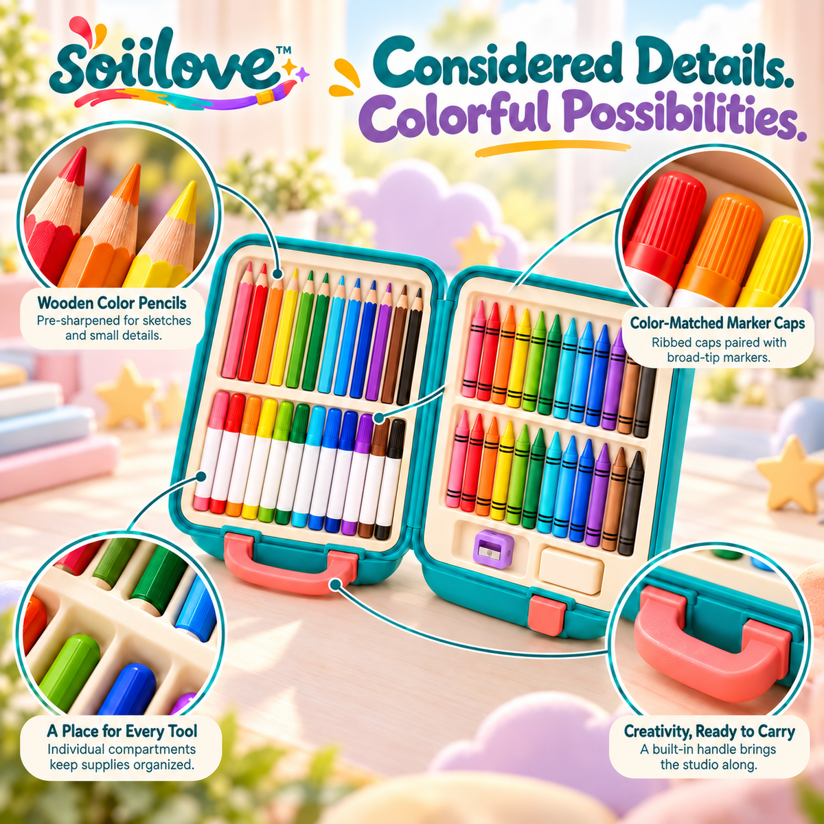 soiilove™ ColorNest Kids Art Set with Carrying Case | Crayons, Colored Pencils, Markers & Drawing Paper, Ages 5–10