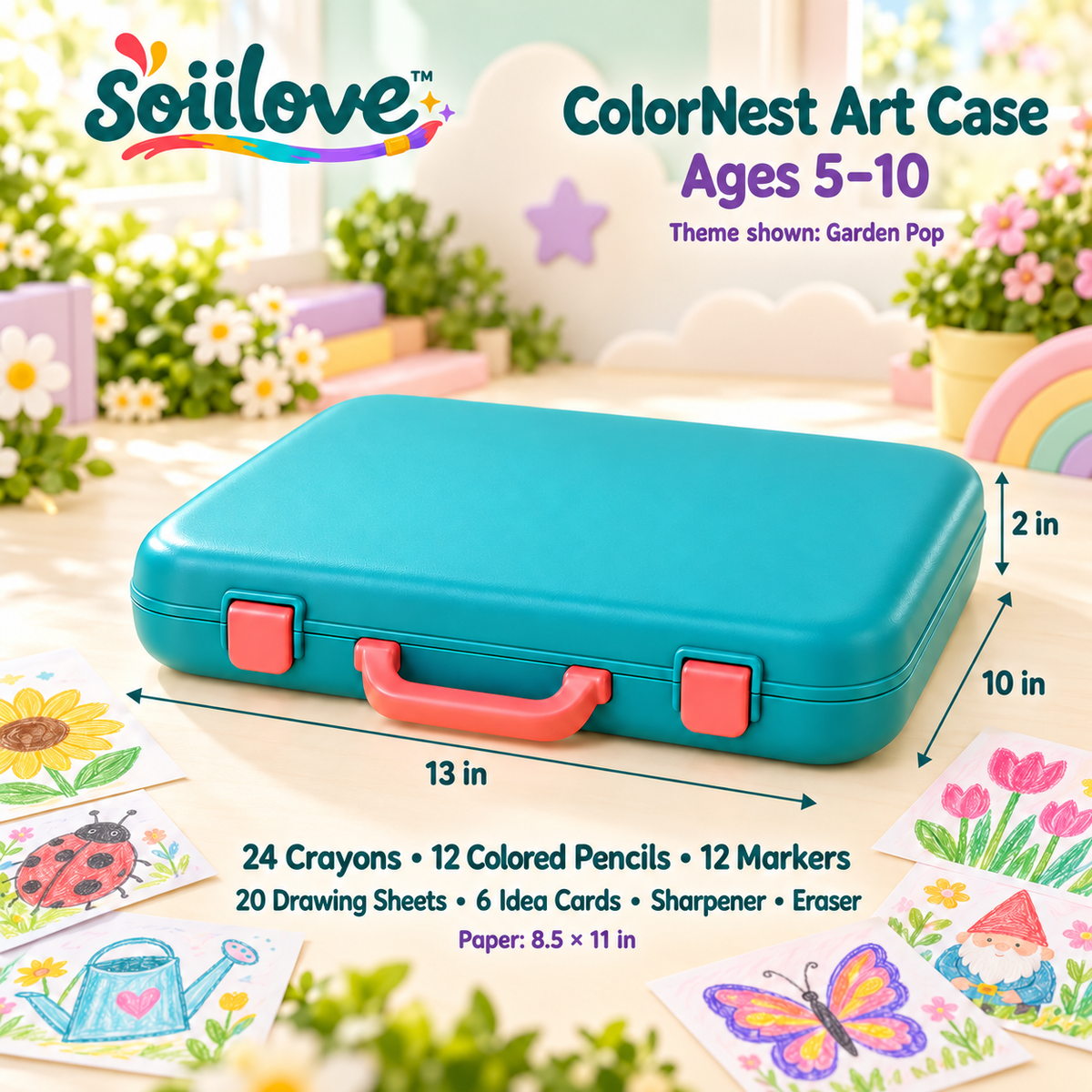 soiilove™ ColorNest Kids Art Set with Carrying Case | Crayons, Colored Pencils, Markers & Drawing Paper, Ages 5–10
