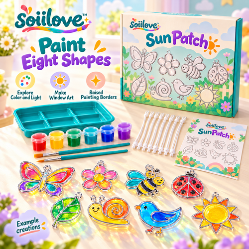 soiilove™ SunPatch Kids Suncatcher Craft Kit | 8 Window Art Shapes, Translucent Paints & Hanging Cord, Ages 6–12