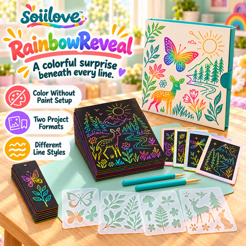 soiilove™ RainbowReveal Kids Scratch Art Kit | Rainbow Art Sheets, Bookmarks, Stencils & Drawing Tools, Ages 6–12