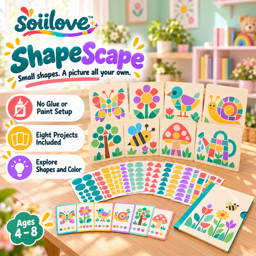 soiilove™ ShapeScape Sticker Mosaic Art Kit for Kids | 8 Picture Boards, Shape Stickers & Creative Activity Cards, Ages 4–8